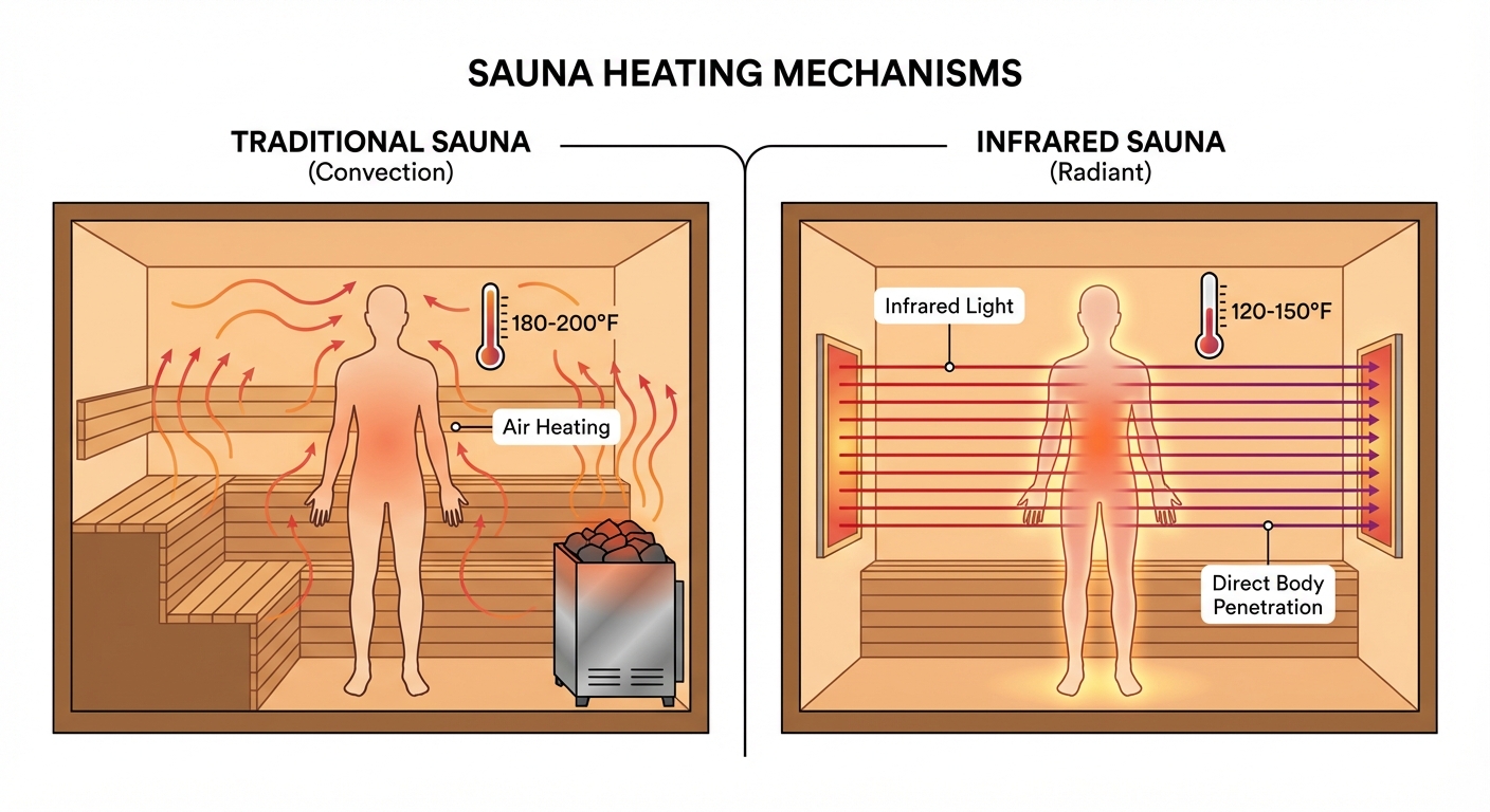 Comparison diagram showing infrared versus traditional sauna heating mechanisms