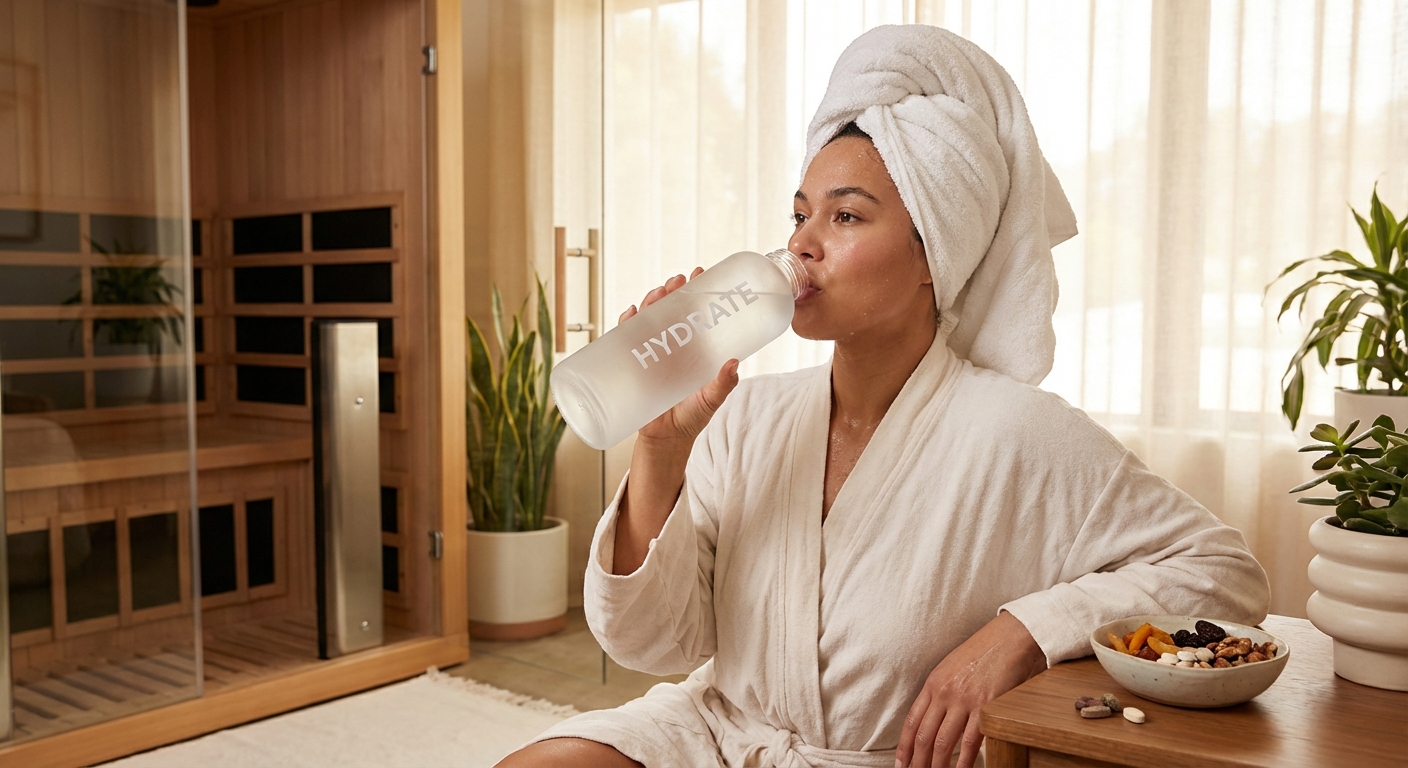 Person hydrating with water bottle after infrared sauna session