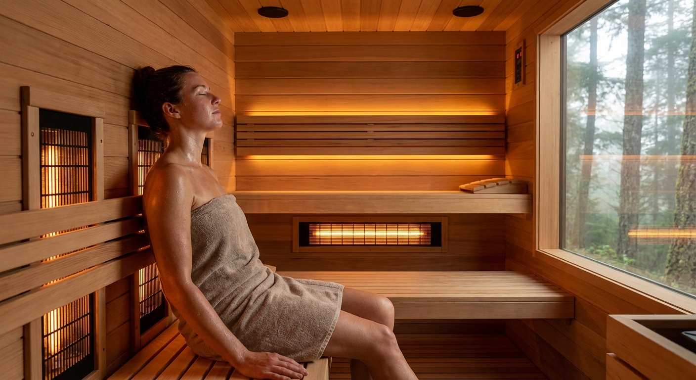Person relaxing in a modern wooden infrared sauna with glowing heat panels