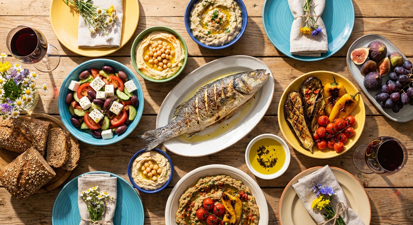Traditional Mediterranean meal with olive oil, fish, vegetables, and whole grains