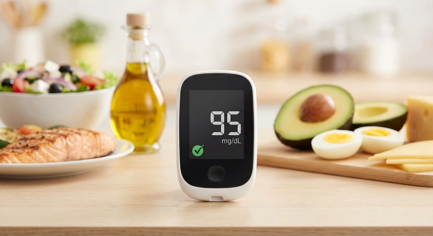 Blood glucose monitor showing readings with Mediterranean and keto foods in background