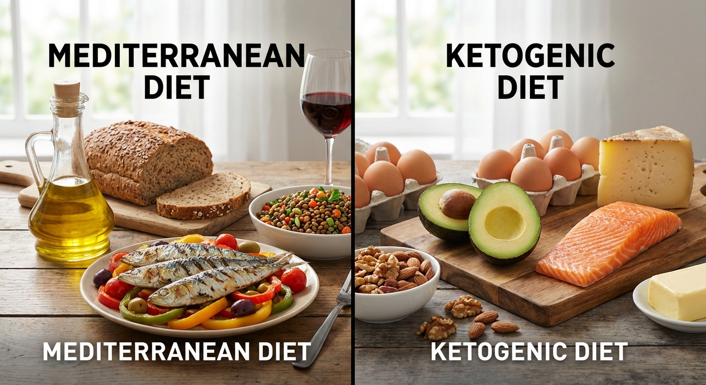 Side-by-side comparison of Mediterranean diet foods and ketogenic diet foods