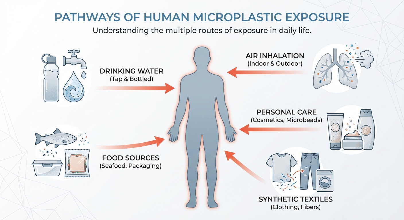 Infographic showing multiple pathways of microplastic exposure including water, food, air, and consumer products