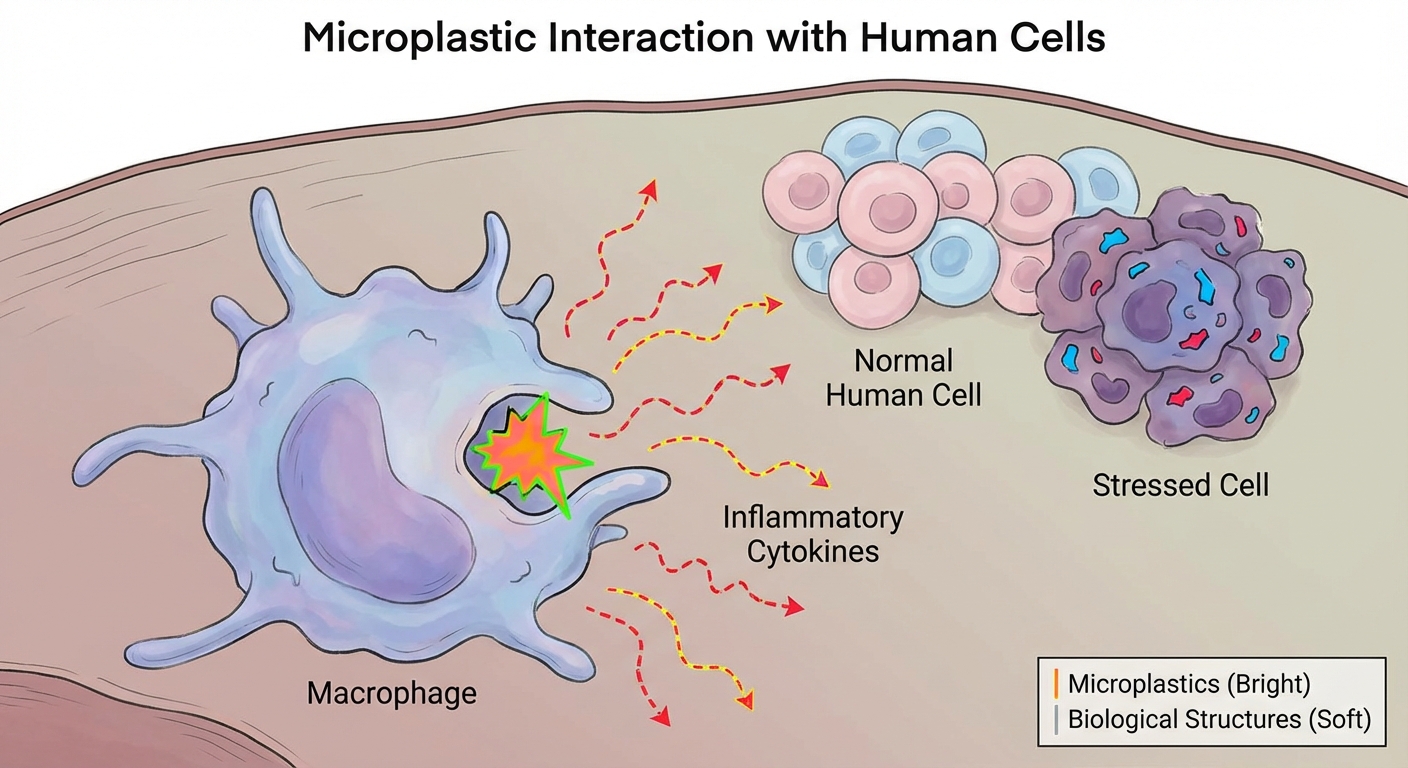Scientific illustration showing microplastic particles interacting with human cells and immune response