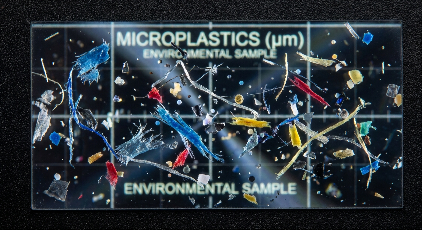Microscopic view of colorful microplastic particles against a scientific backdrop