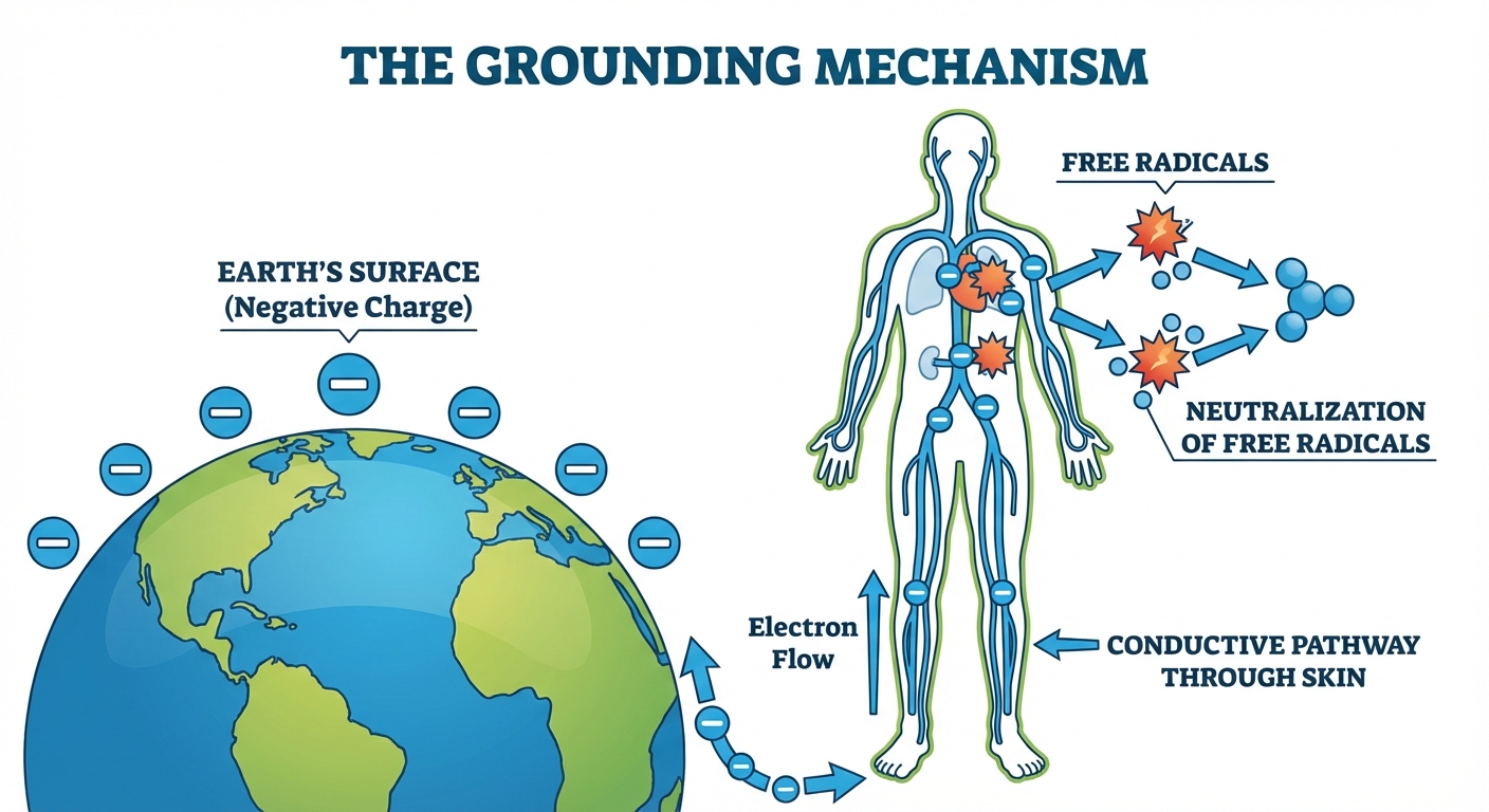 Diagram showing electron transfer from earth's surface through bare feet into human body