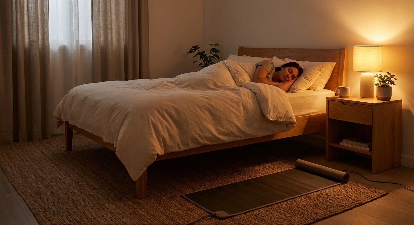 Person sleeping peacefully with grounding mat visible under the sheets