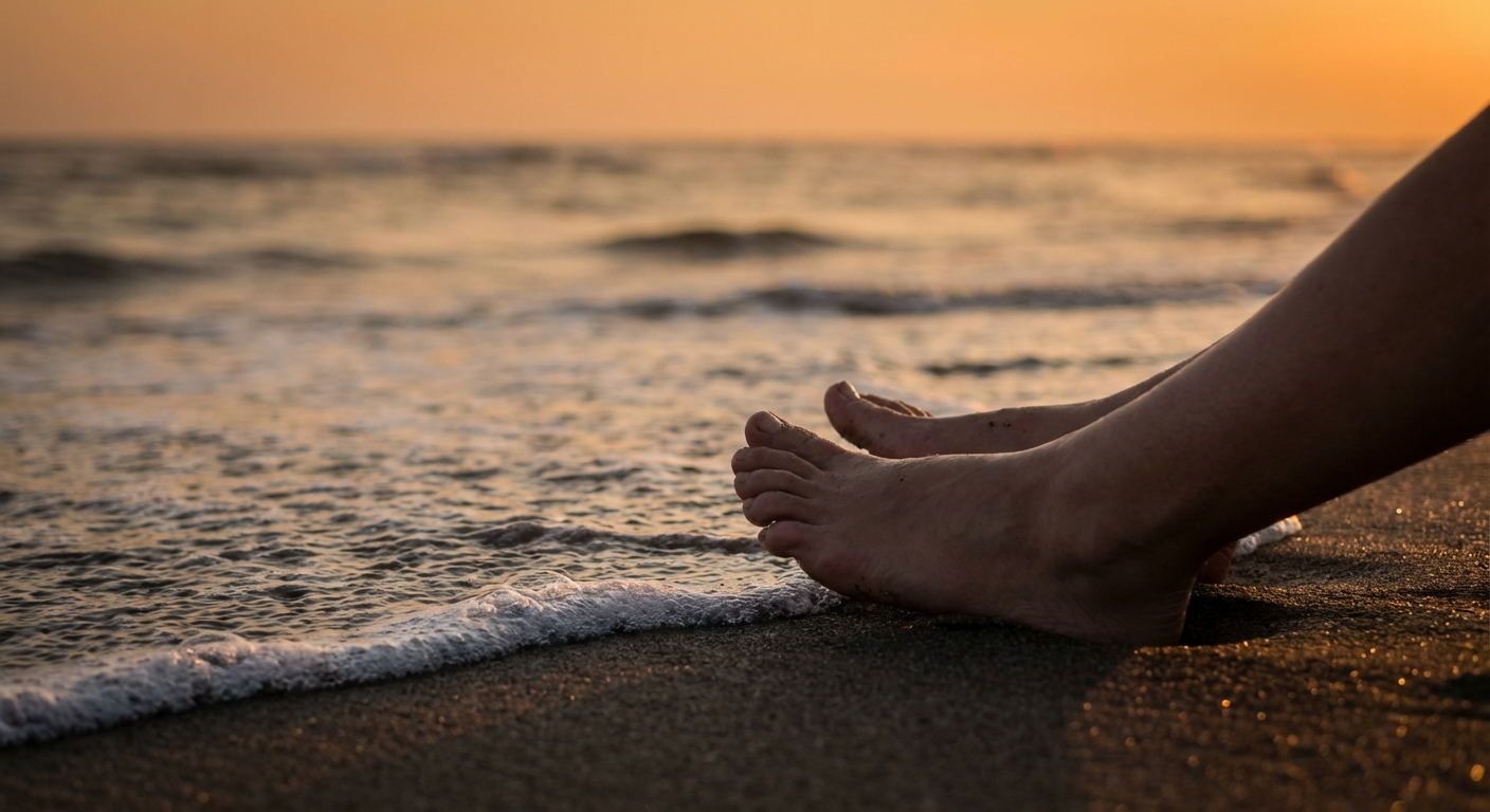 Feet on beach sand at water's edge showing ideal grounding surface