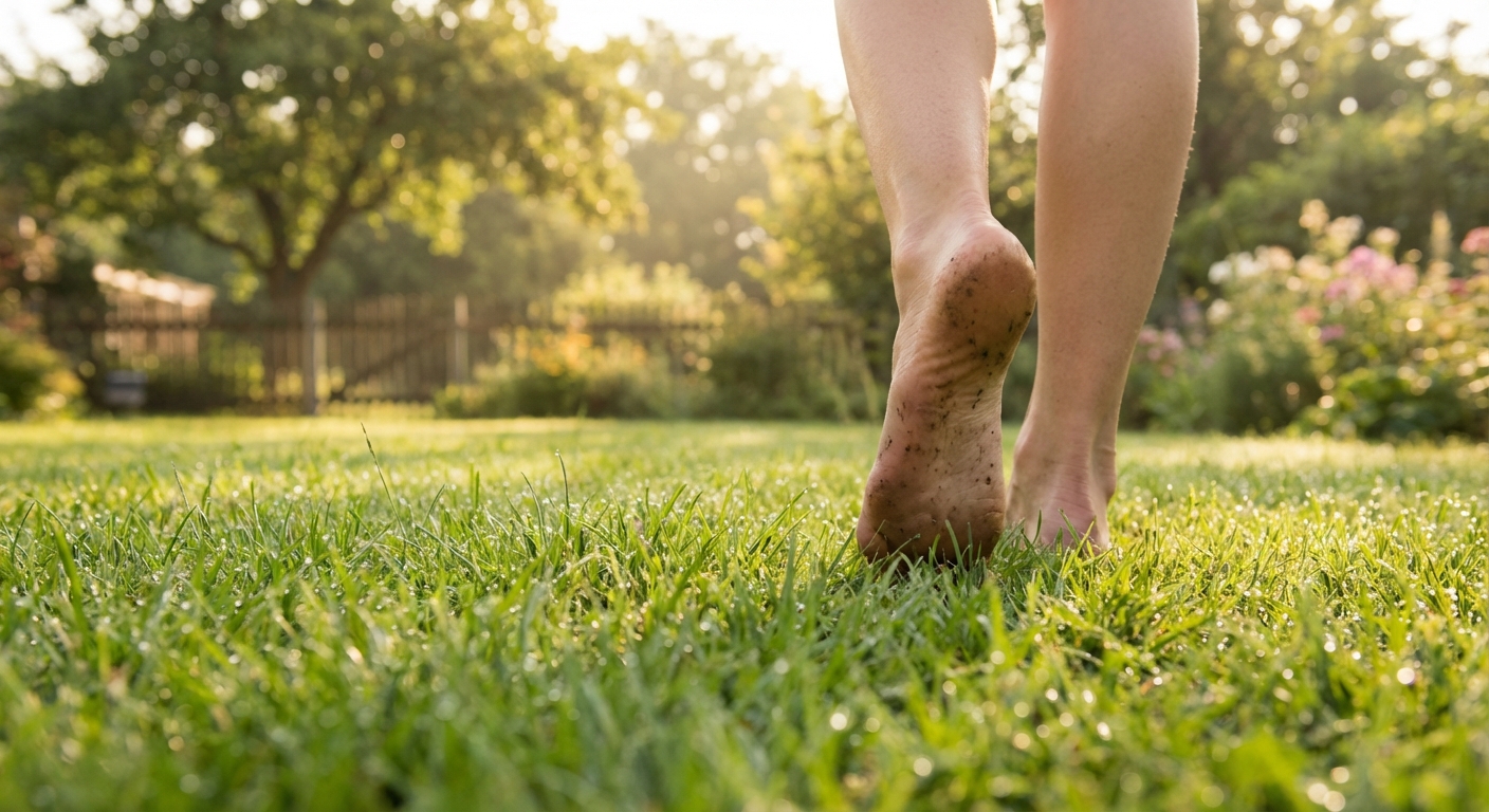 Person walking barefoot on lush green grass in morning light