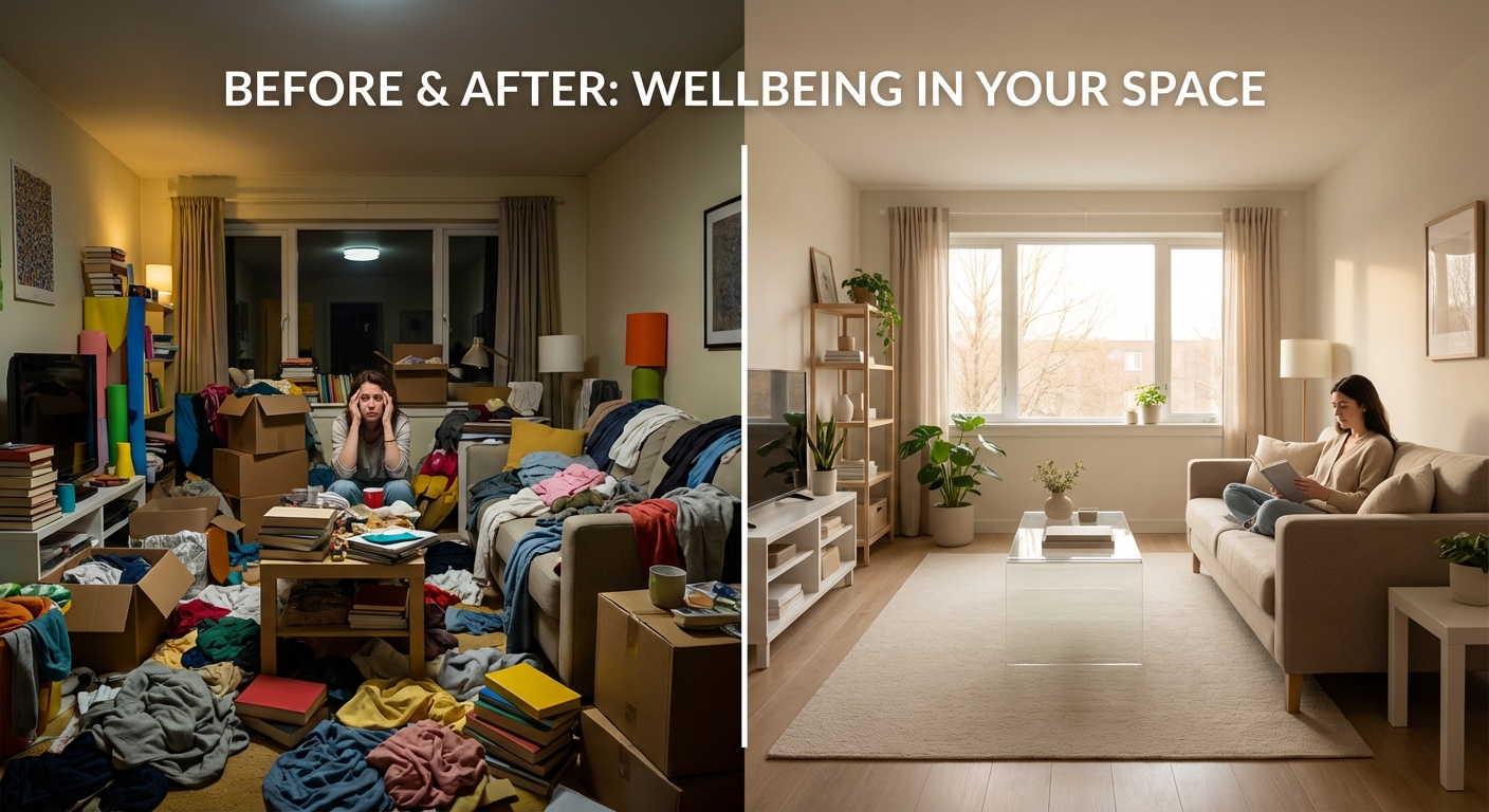 Split comparison showing cluttered stressful room versus organized calming room