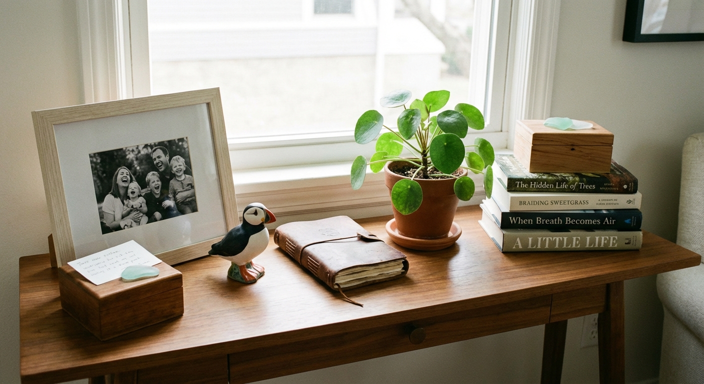 Curated shelf displaying meaningful personal items, photos, and travel mementos