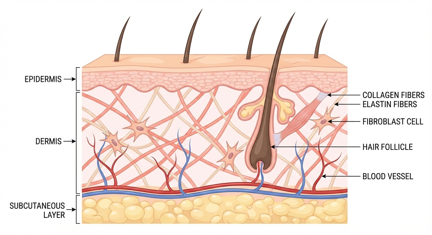 Cross-section diagram of skin layers showing dermis collagen structure