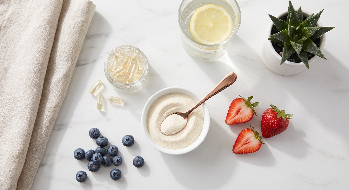 Collagen powder, vitamin capsules, and fresh berries arranged on marble surface with glass of water