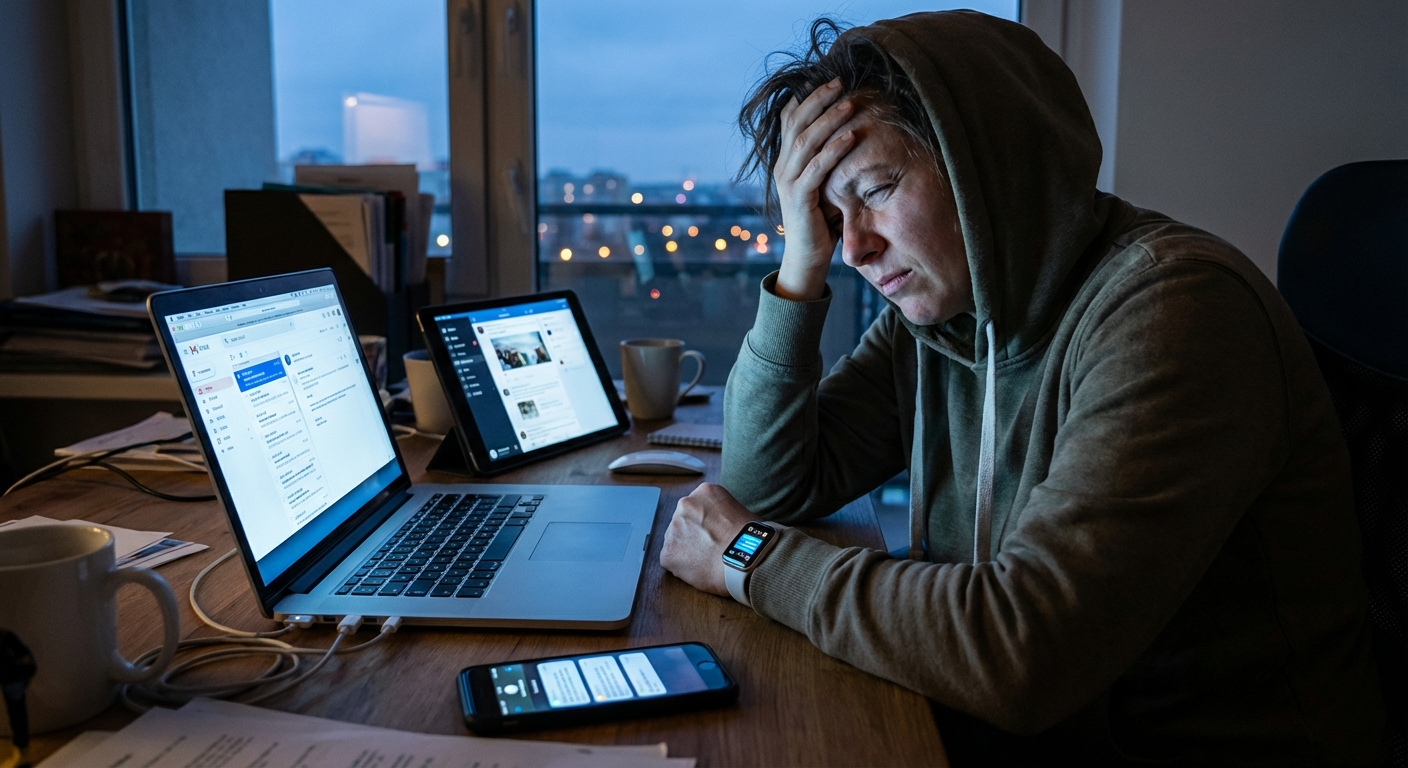 Person staring at multiple screens showing notifications and alerts