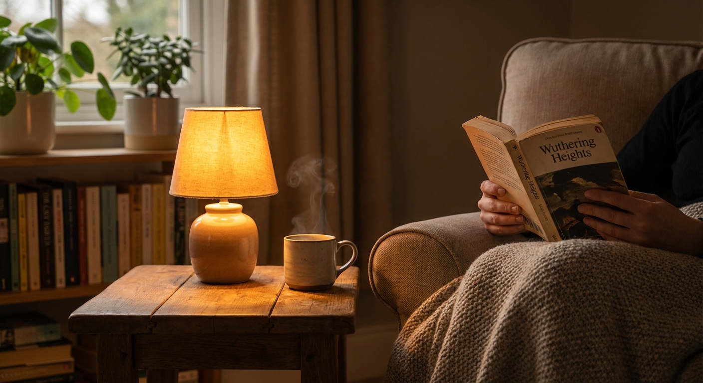 Cozy evening reading setup with book, tea, and warm lighting instead of screens