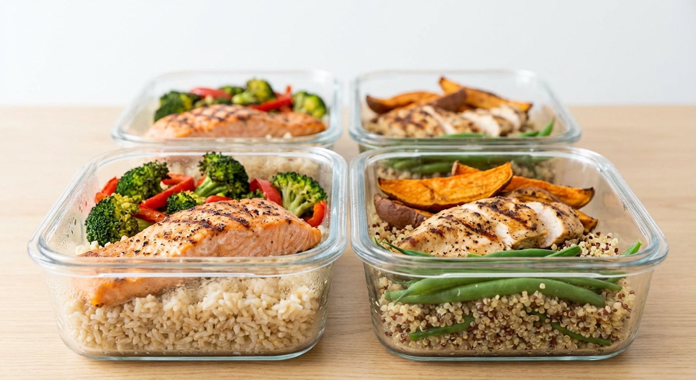 Glass containers with portioned meals showing protein, vegetables, and grains
