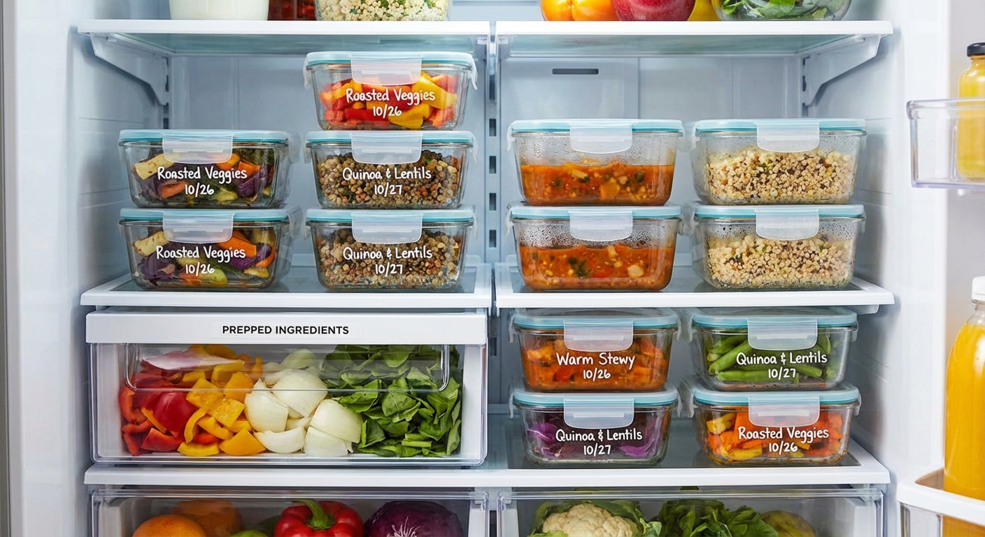 Organized refrigerator with labeled meal prep containers and ingredient storage