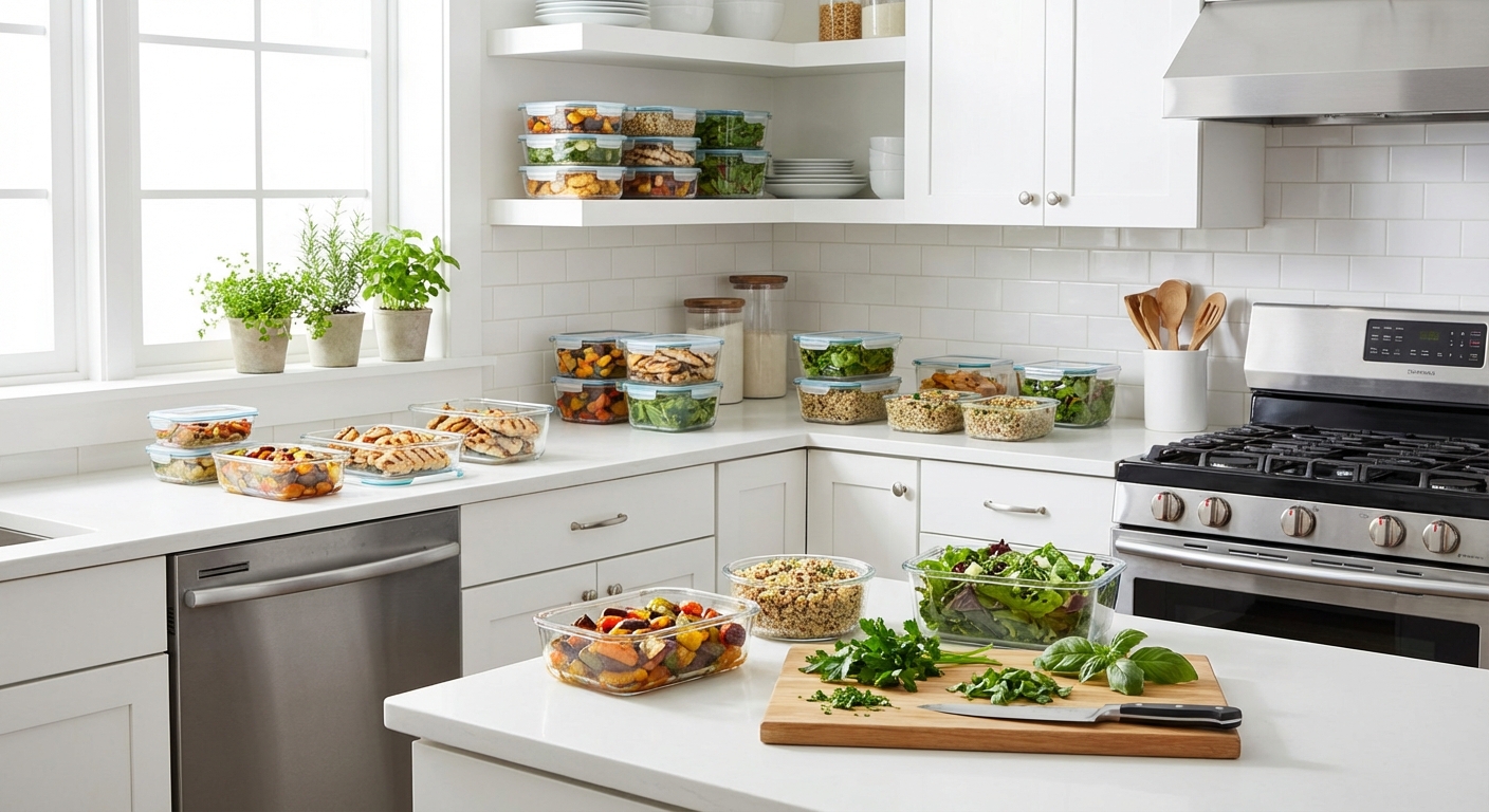 Organized meal prep containers with colorful vegetables, grilled proteins, and whole grains arranged on kitchen counter