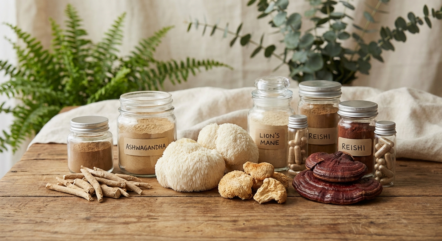 Adaptogens and functional mushrooms including ashwagandha and lion's mane