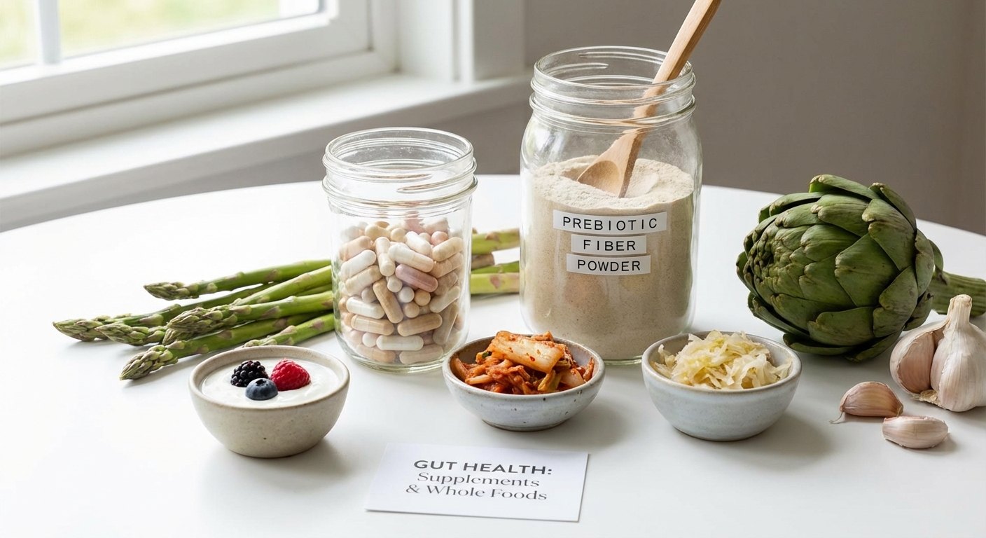 Gut health supplements including probiotics, prebiotics, and fiber