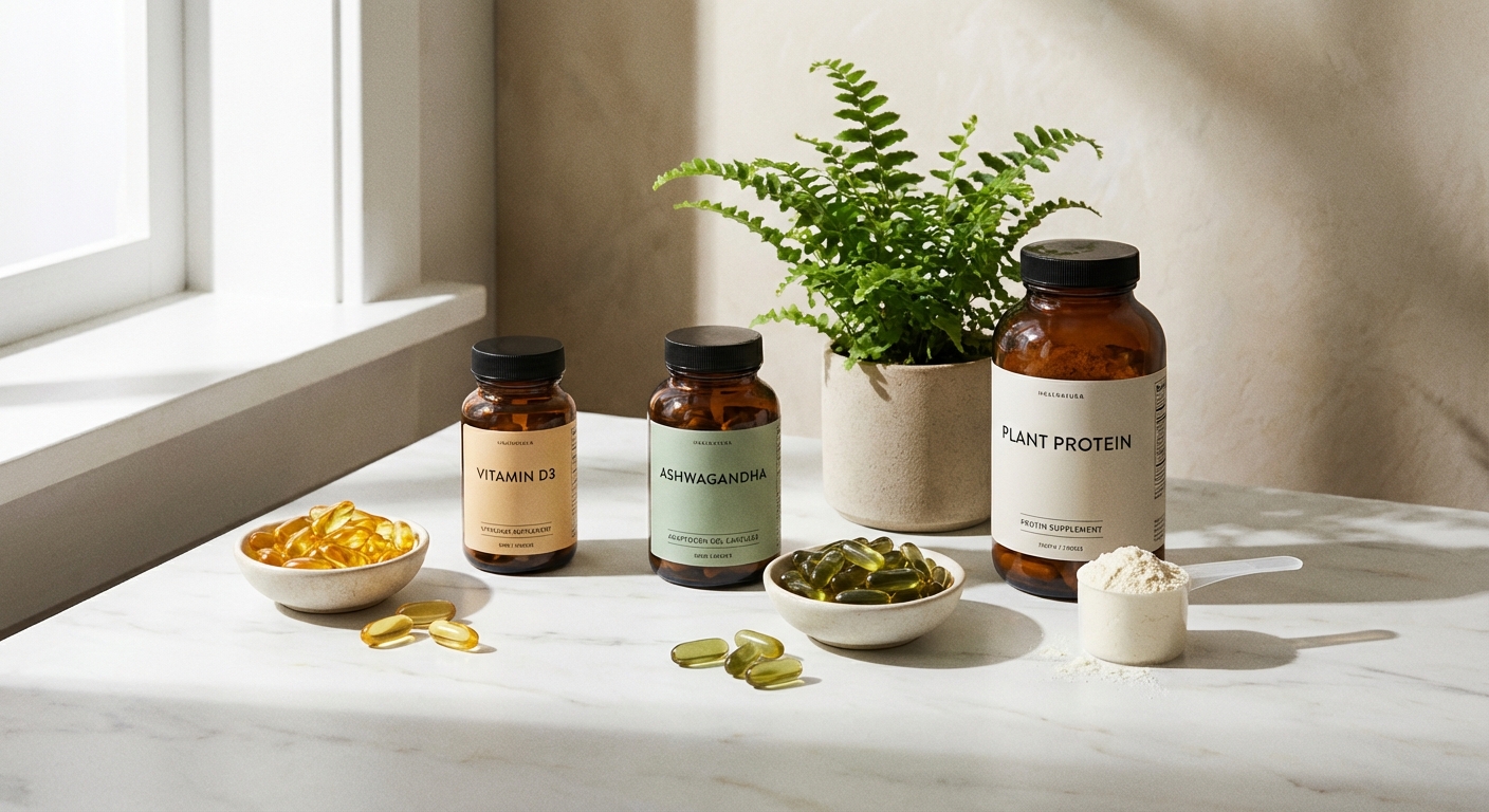 Modern supplement bottles and capsules arranged on clean surface with natural lighting