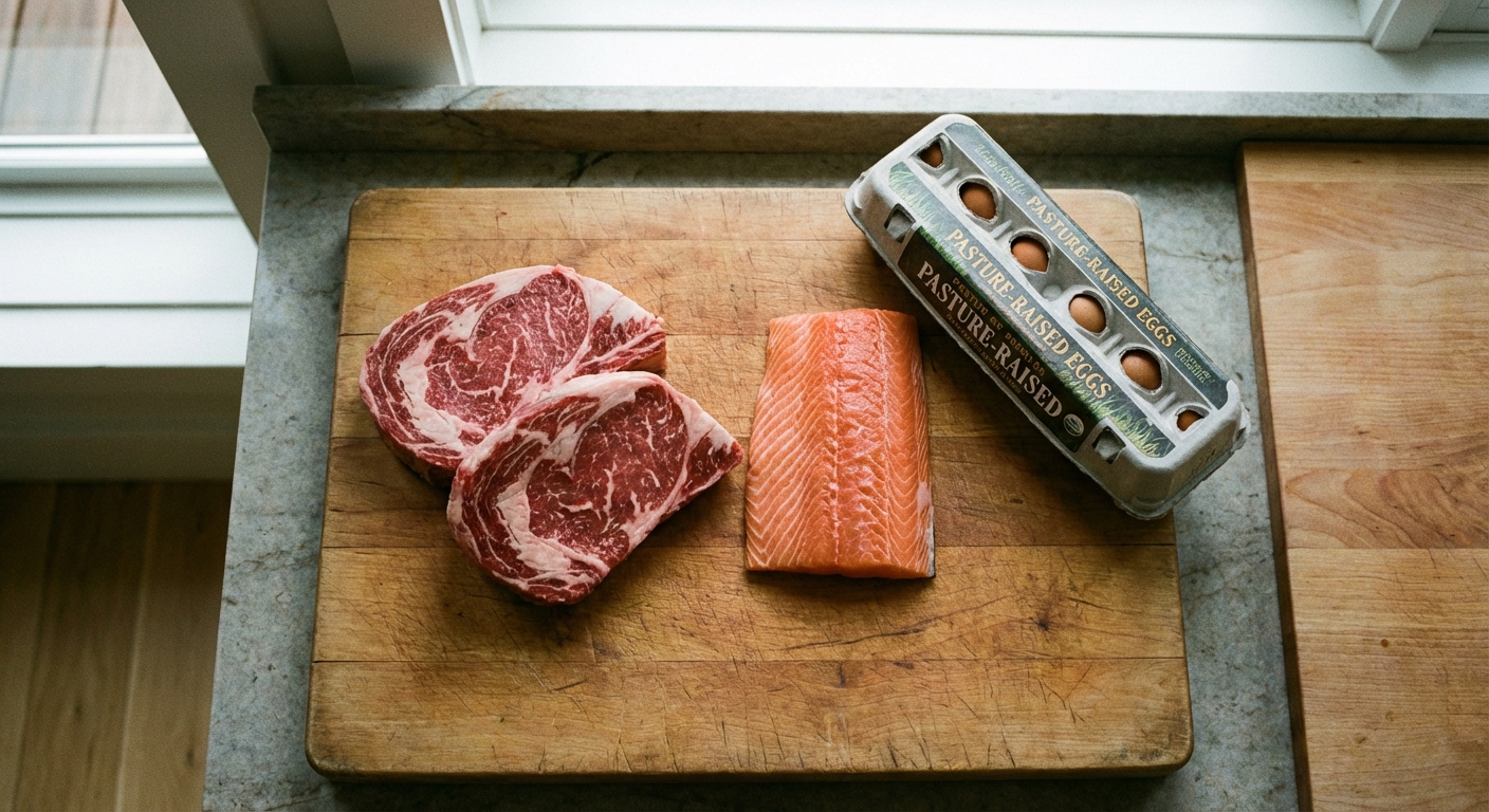 High-quality cuts of beef and salmon on a wooden cutting board
