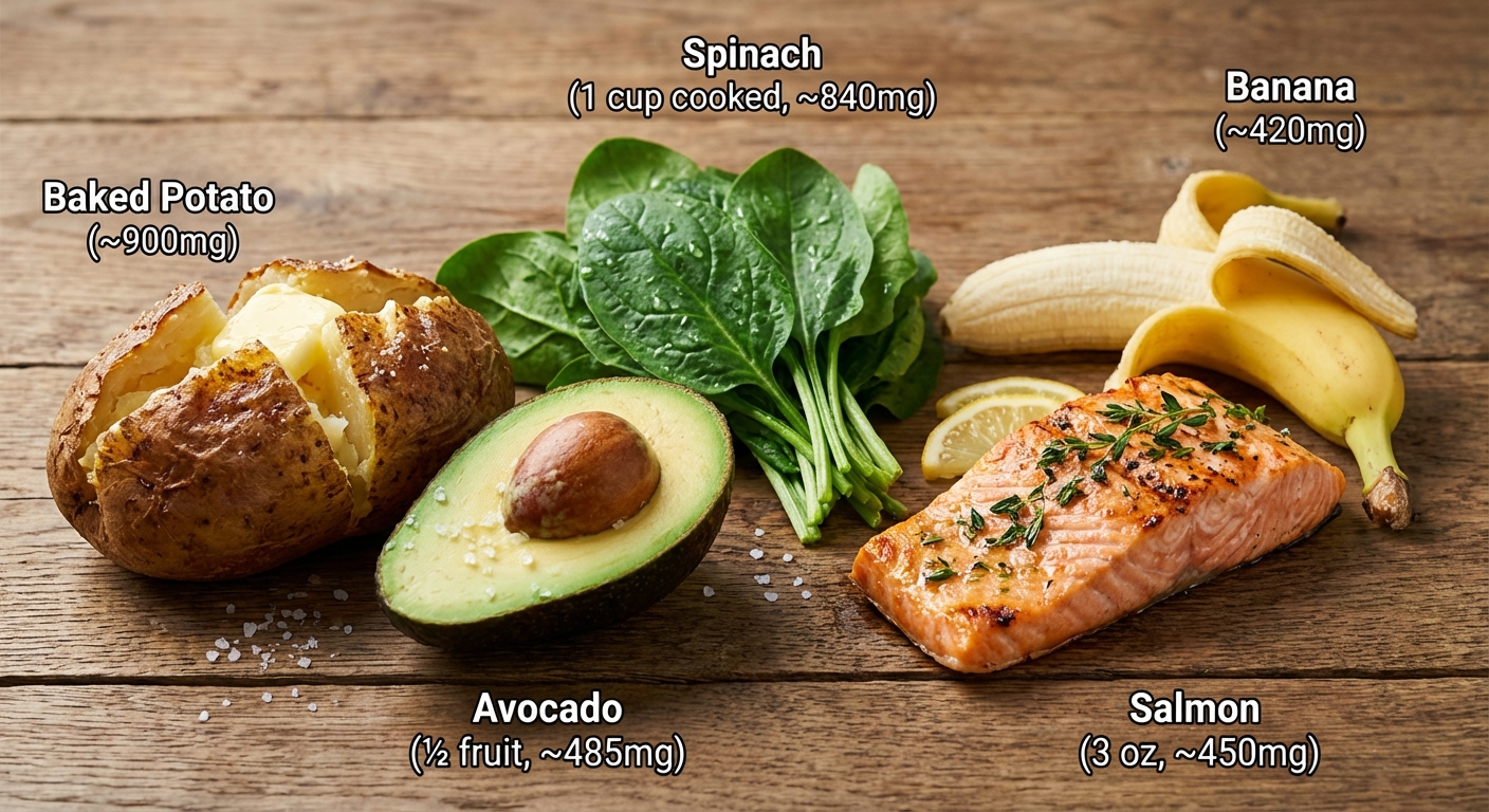 High-potassium foods including potatoes, avocados, and leafy greens