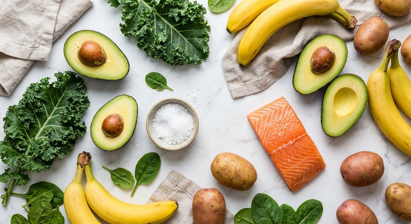Fresh vegetables and mineral-rich foods arranged showing electrolyte sources