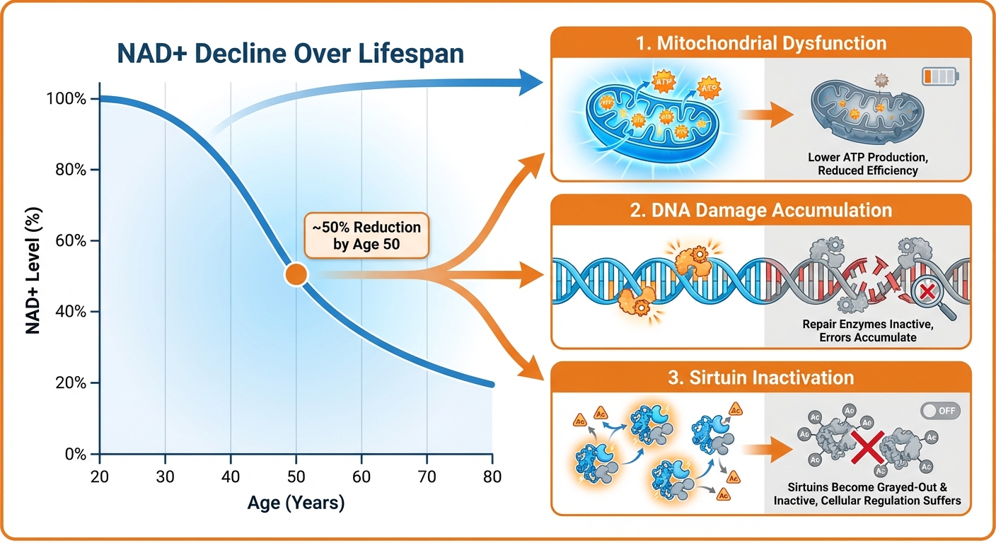 Diagram showing NAD+ decline with age and its effects on mitochondria, DNA repair, and sirtuin activation