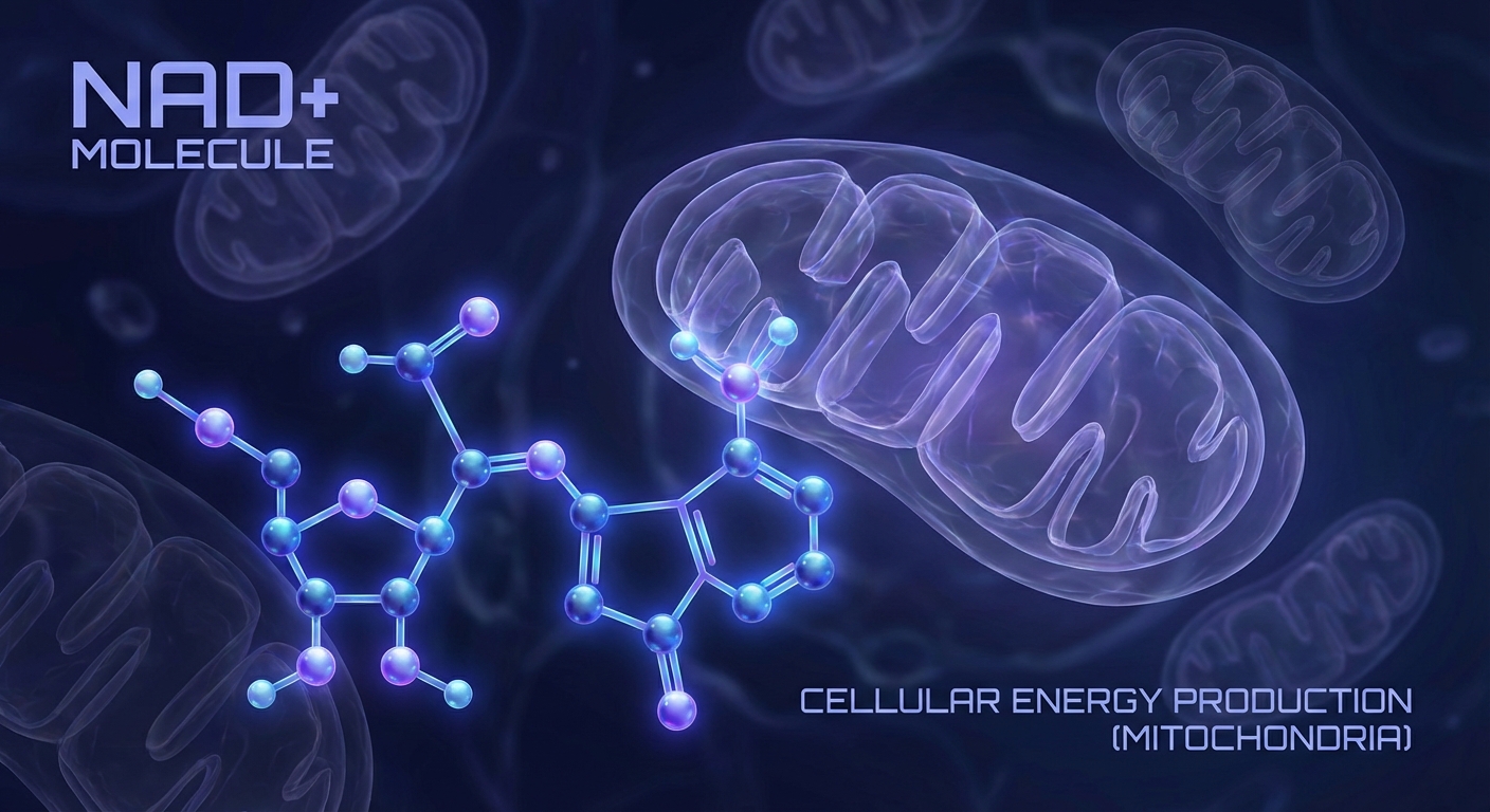 Molecular visualization of NAD+ structure with cellular mitochondria in background