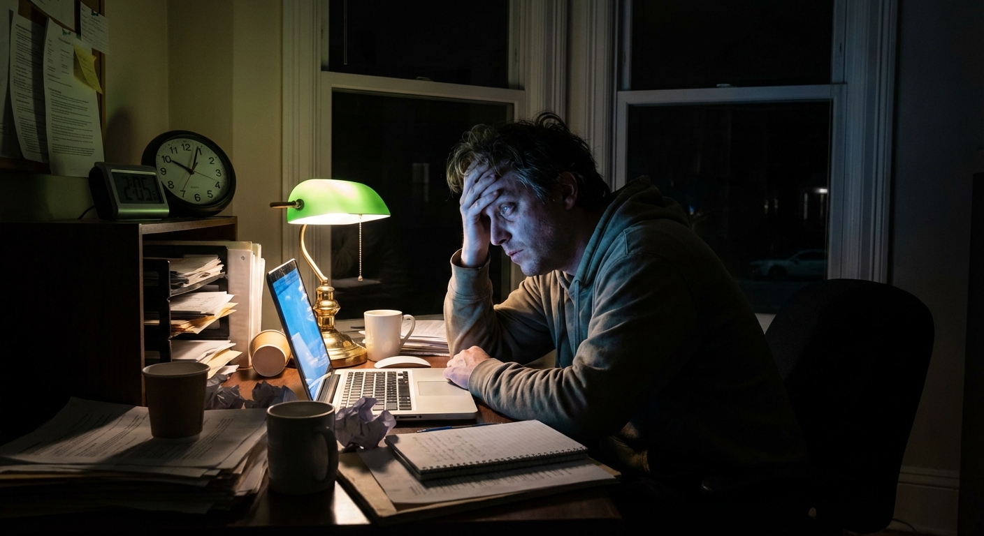 Exhausted person at desk with coffee surrounded by work, clock showing late hour