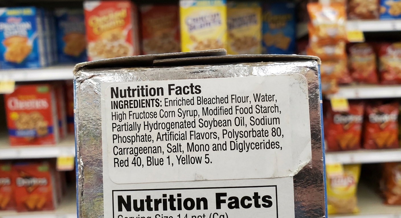Nutrition label showing long ingredient list with additives typical of ultra-processed foods