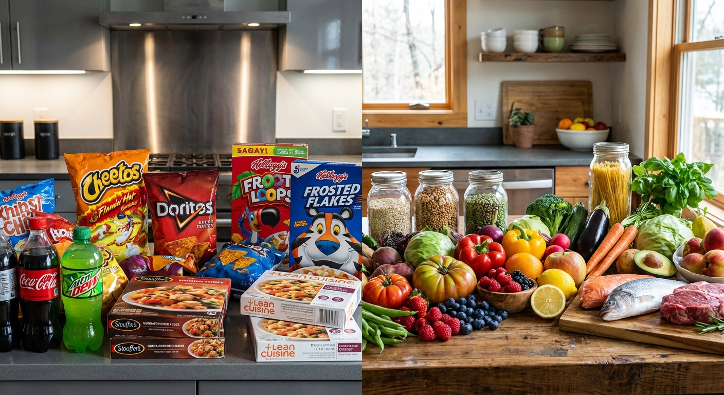 Contrast between ultra-processed packaged foods and fresh whole foods on a kitchen counter