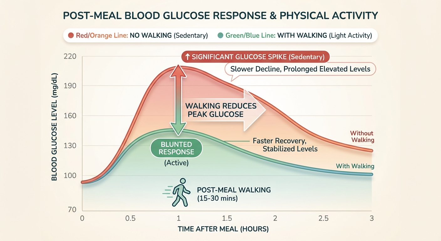 Graph showing blood glucose response with and without post-meal walking