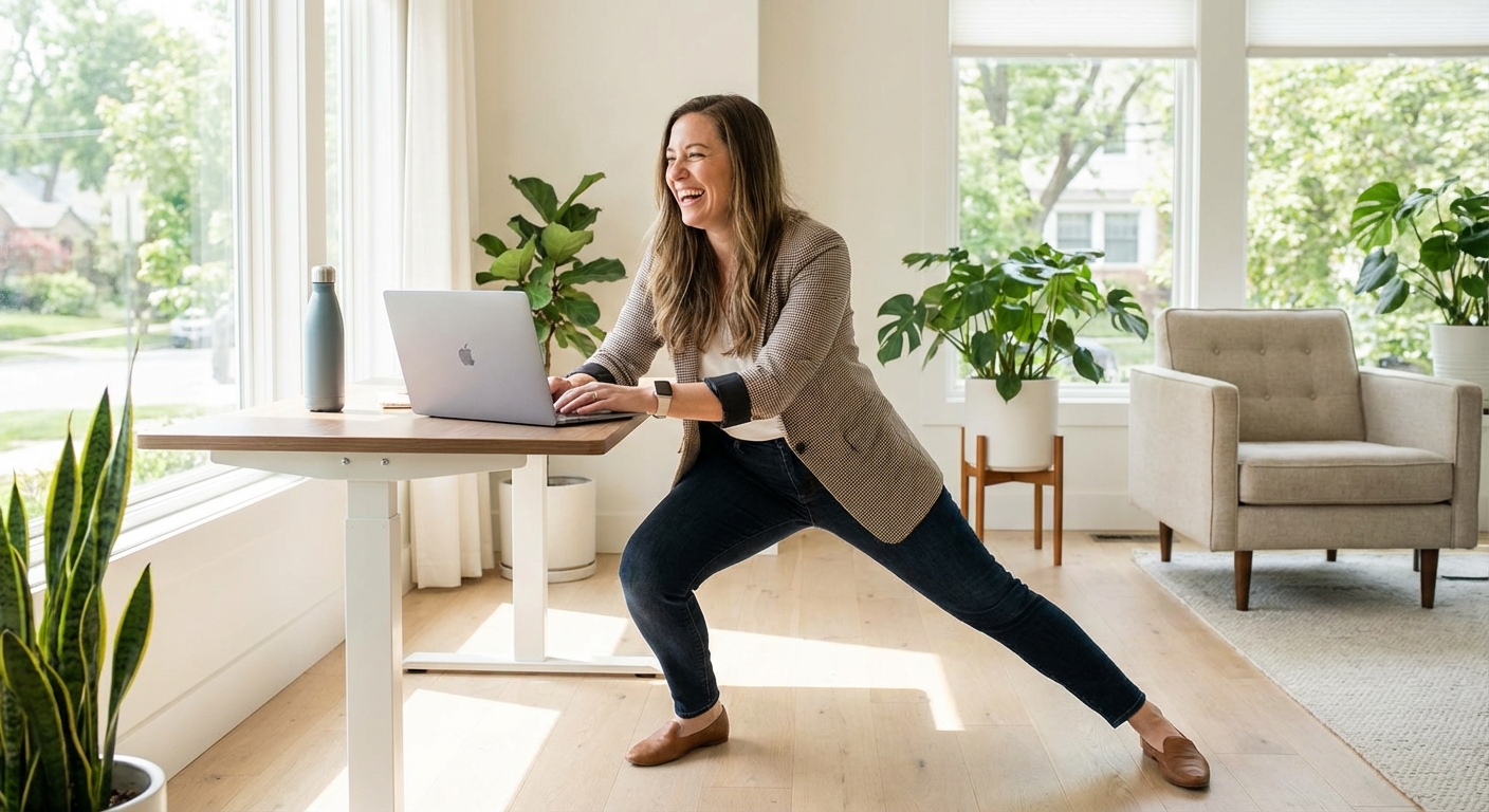 Person doing a quick exercise break at their standing desk during the workday
