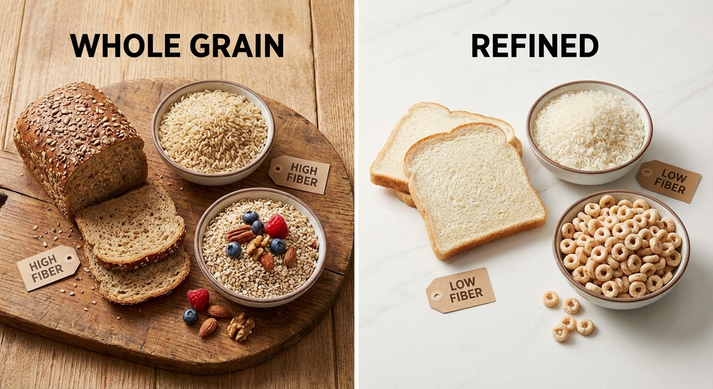 Comparison of fiber content between whole and refined grains