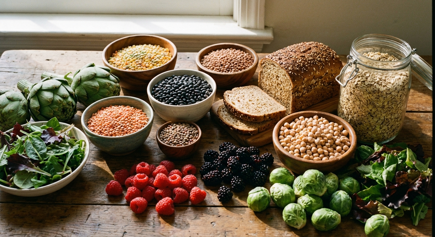 Array of high-fiber foods including beans, whole grains, vegetables, and berries
