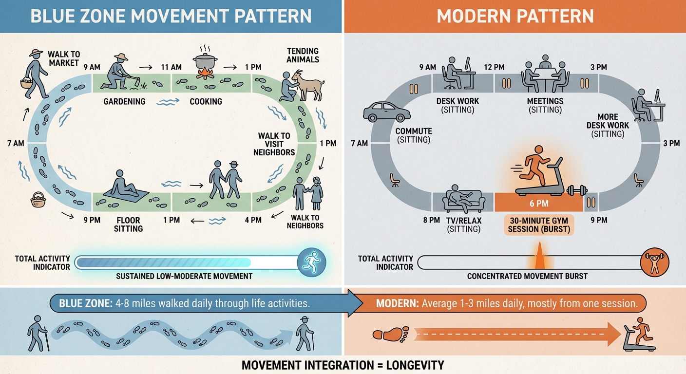 Comparison of Blue Zone natural movement patterns versus modern sedentary lifestyle with gym exercise