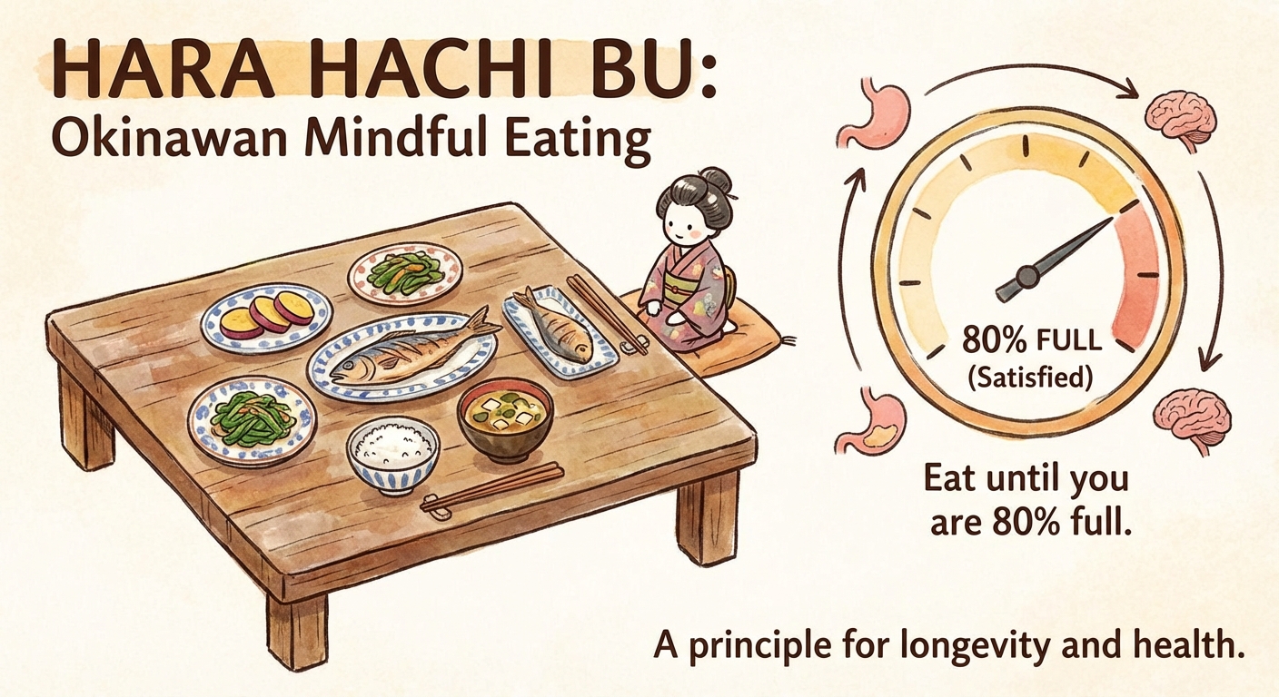 Illustration of the Hara Hachi Bu principle showing mindful eating to 80% fullness