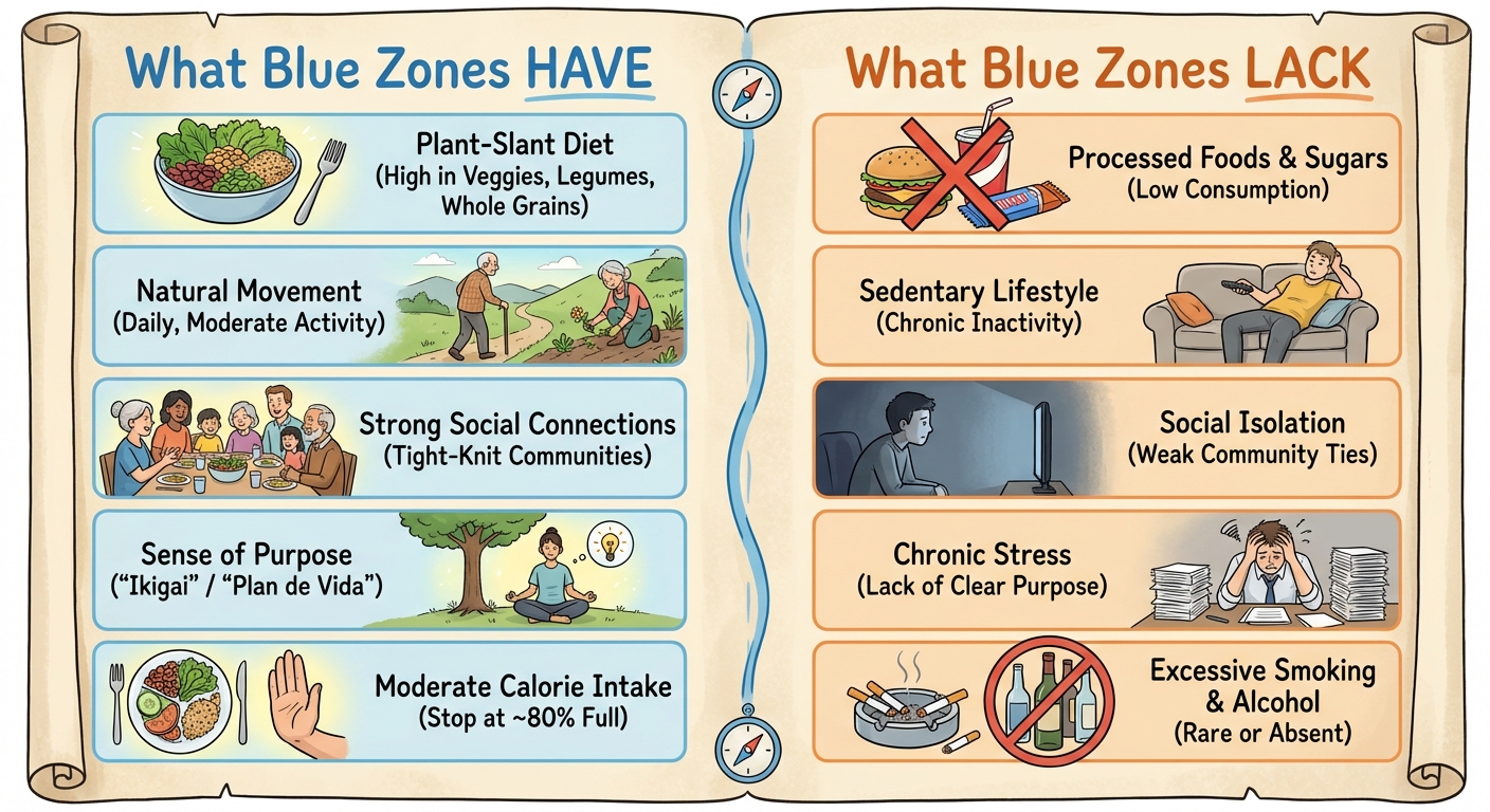 What Blue Zone centenarians have versus what they don't have, contrasting with modern wellness culture