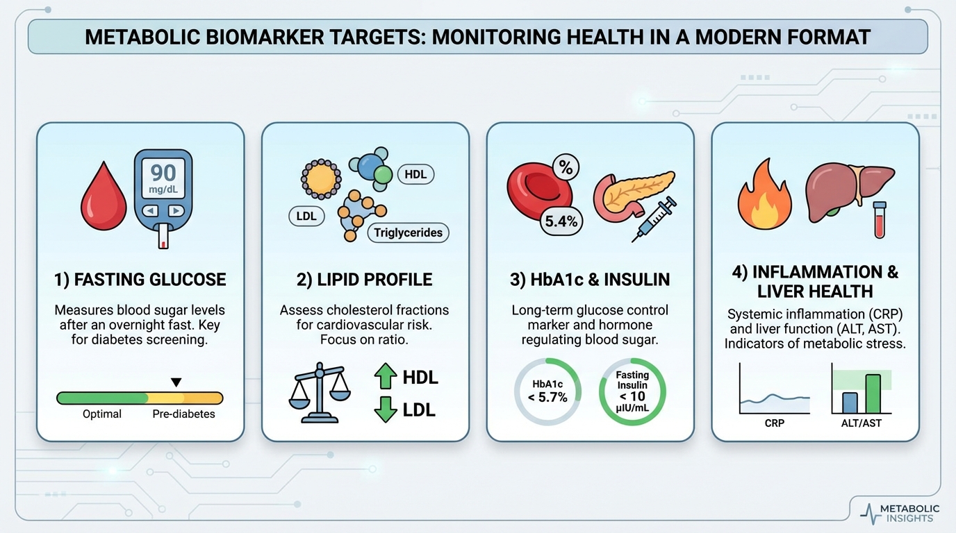 Metabolic biomarker targets showing optimal ranges for fasting glucose, HbA1c, fasting insulin, and lipids