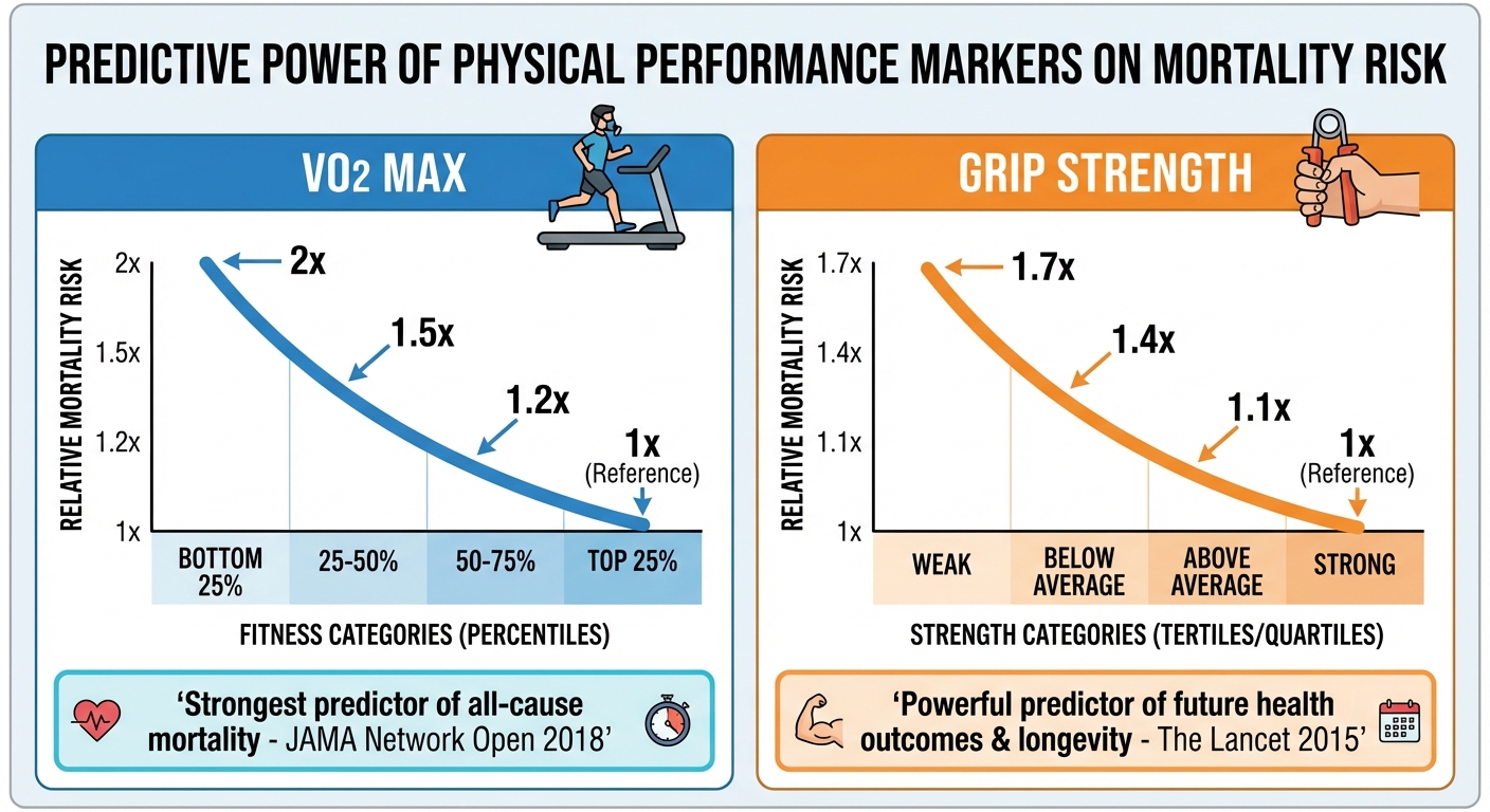 Comparison of VO2 max and grip strength as mortality predictors showing their superior predictive value