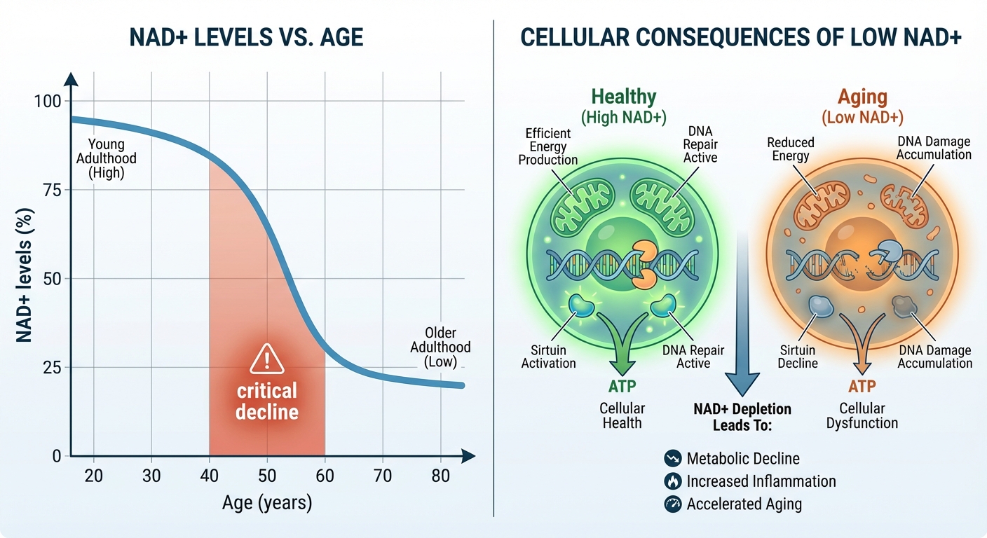 Graph showing NAD+ decline with age and effects on cellular function