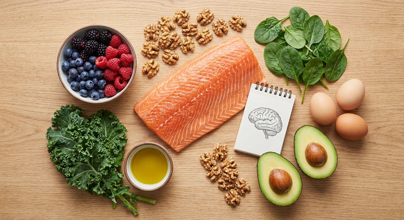 Brain-healthy foods including salmon, berries, nuts, and leafy greens