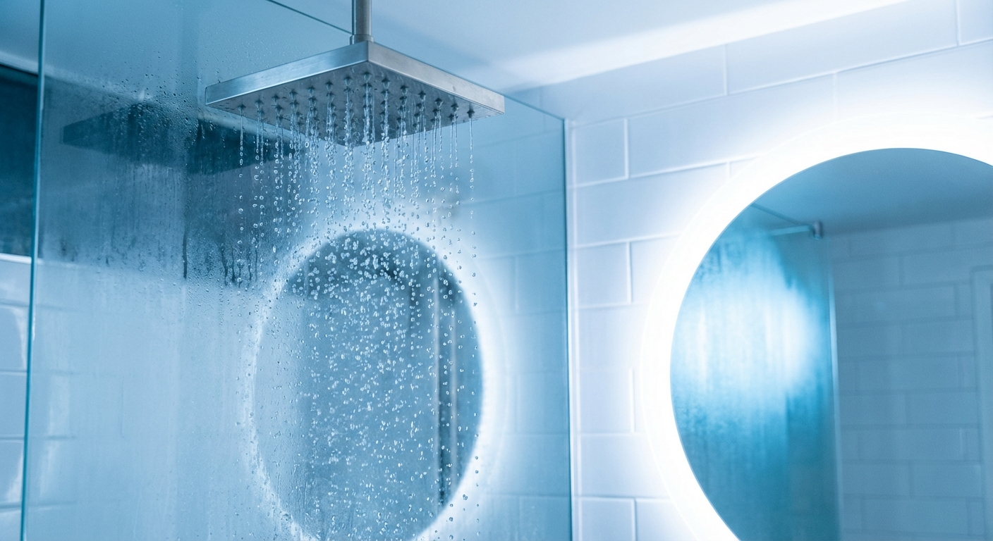 Modern shower head with cold water droplets in bright bathroom