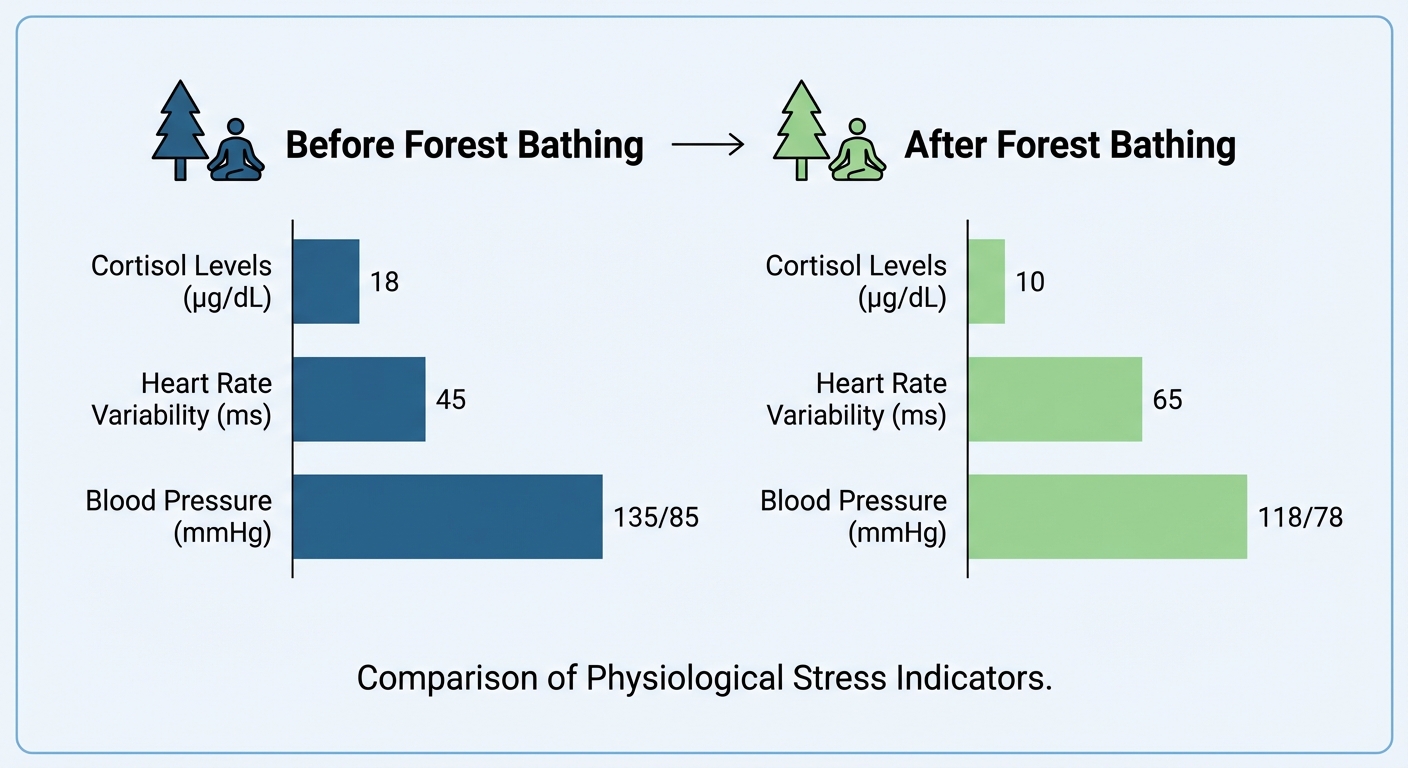 Before and after cortisol levels showing forest bathing effects