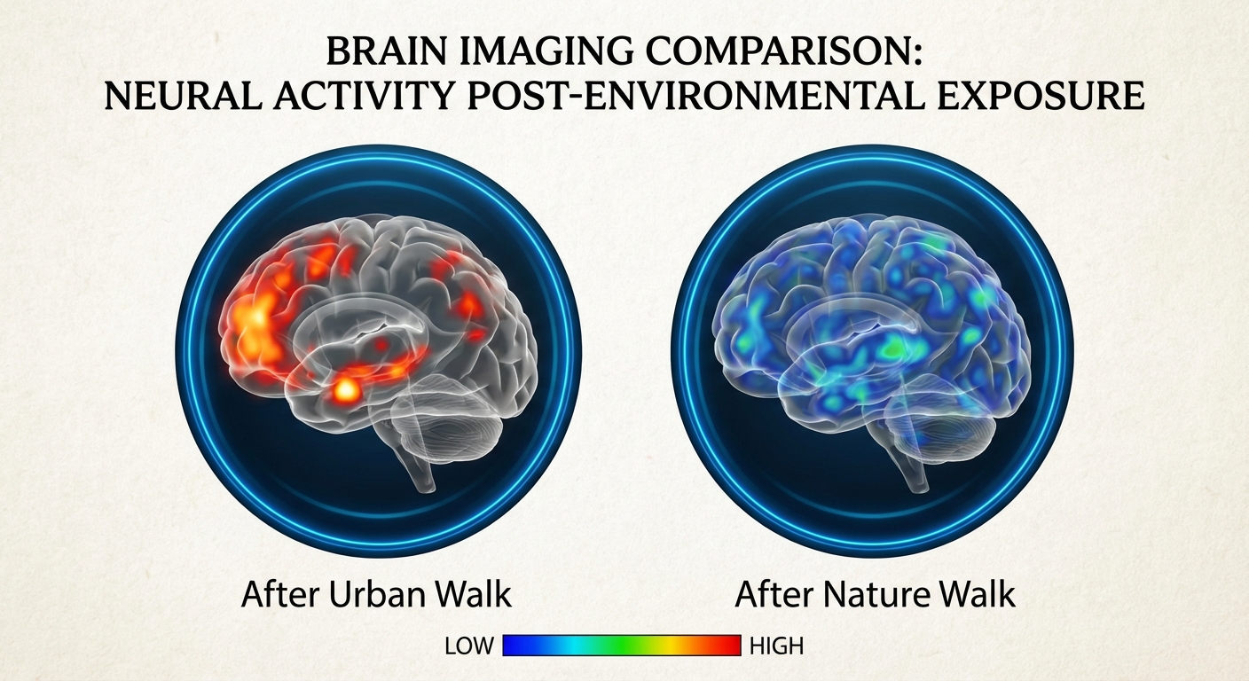 Brain activity comparison showing rumination decrease during nature exposure