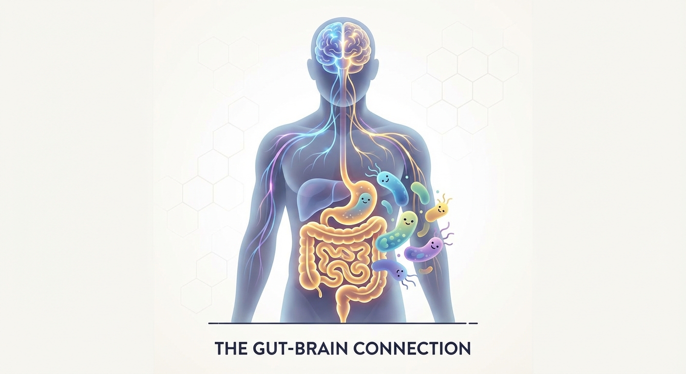 Artistic visualization of the gut-brain connection showing neural pathways between digestive system and brain