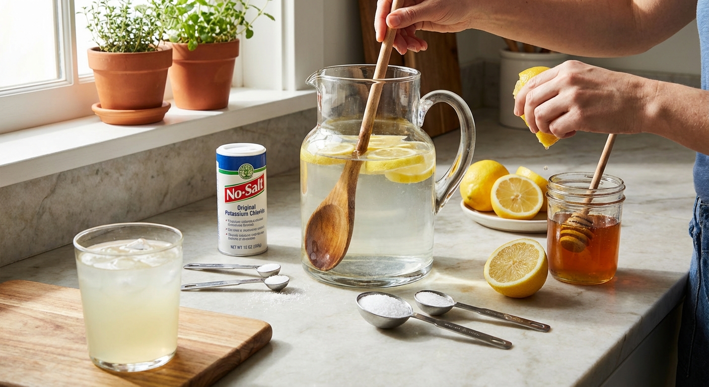 Homemade electrolyte drink ingredients including sea salt, lemon, and honey next to finished drink