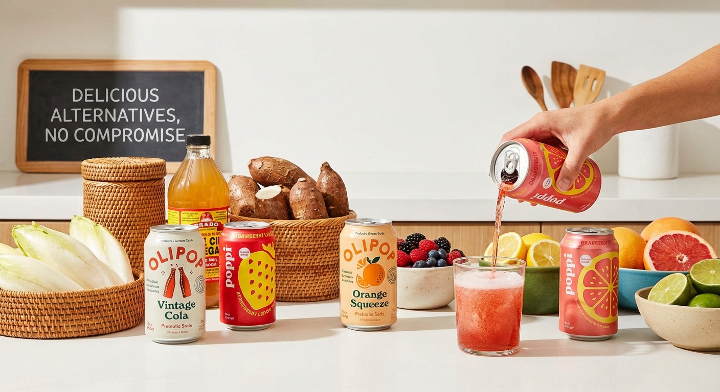 Prebiotic soda cans displayed with fresh ingredients showing gut-healthy alternative to traditional sodas